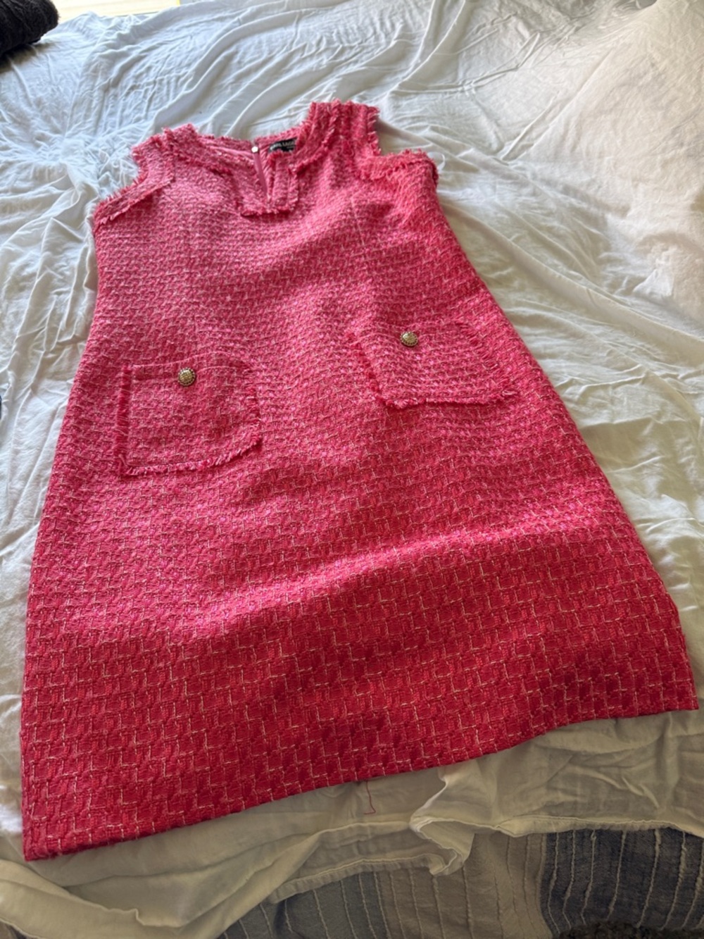 Karl Lagerfeld Hot Pink Tweed Shift Dress with Pocket Flaps